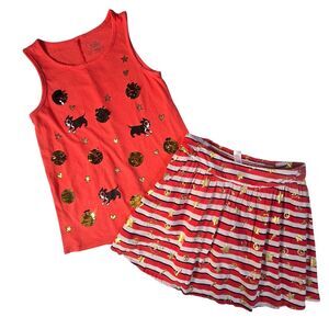 Justice Girls 2pc Skirt Tank Top Outfit 12 Orange White Stripe Nautical‎ Puppies